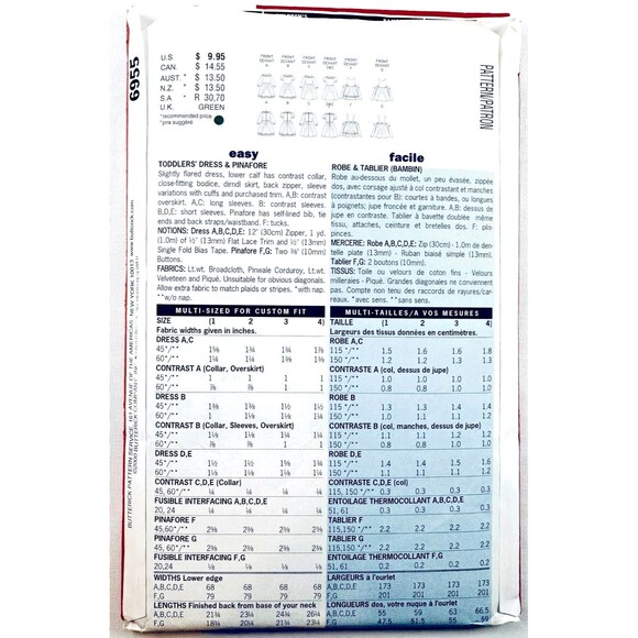 Toddler Dress & Pinafore Sewing Pattern Butterick 6955 Sz 1-4 UNCUT 2000 - Picture 2 of 2